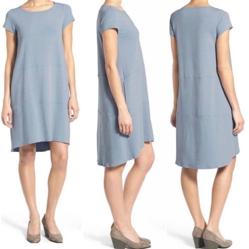 Eileen Fisher Women's Size M Blue Bateau Neck Cap Sleeve Shirt Jersey Knit Dress